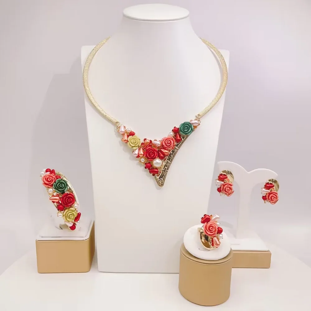 

2024 Smart Colorful Italian Jewelry With Pearls And Flower Necklace Bracelet Earrings Ring Charm 4 PC Set Holiday Gift H00707