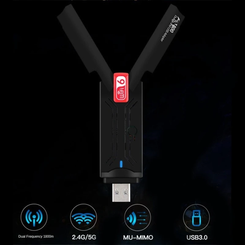 1800Mbps Wifi 6 USB 3.0 Adapter 2.4G 5.8G Wifi6 kartu jaringan Dongle hitam kartu jaringan ABS kartu jaringan mendukung Win 7 10 11 PC