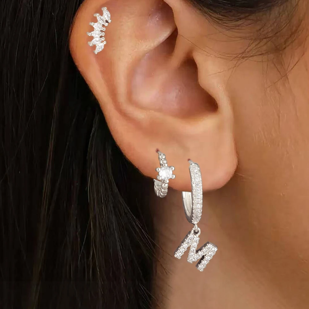3PCS Fashion M Shaped Letters Dangle Earrings Sets For Woman 14K Gold Plated Zircon Crown Stud Earring Daily Wear Jewelry