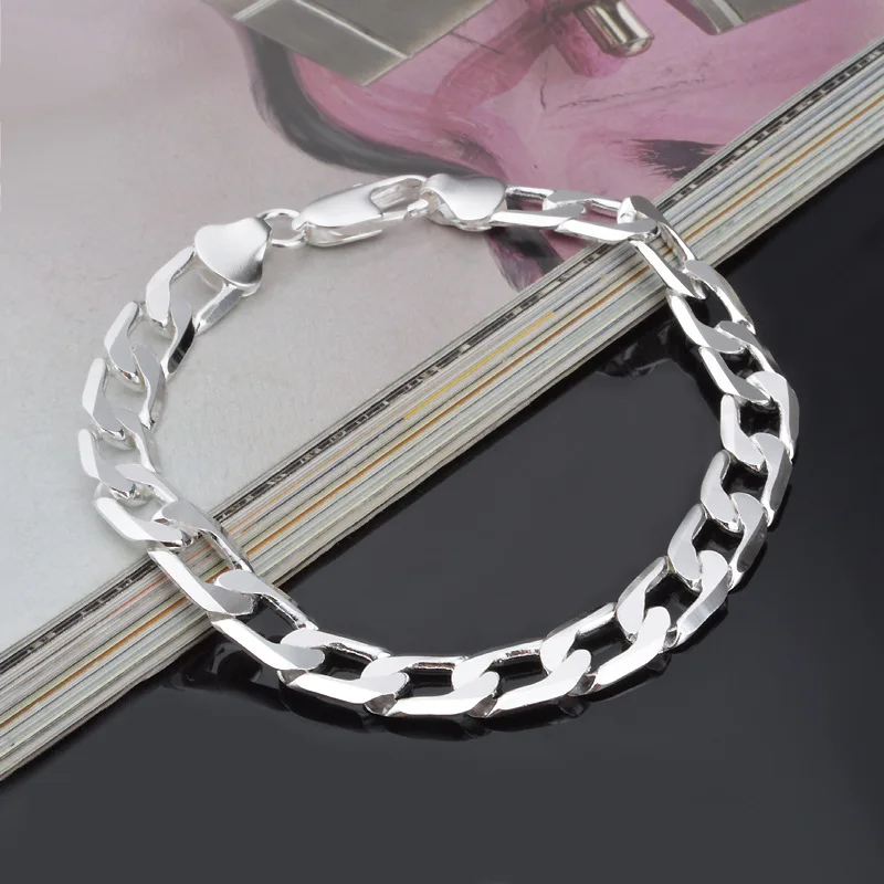 925 Sterling Silver Bracelet Side Lobster Buckle Silver Bracelet 6MM 8MM 10MM 12MM Bracelet Men's and Women's Jewelry