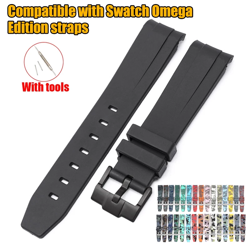 Curved End Rubber Strap for Omega X Swatch Collaboration MoonSwatch Stainless Steel Buckle Men Women Premium TPU Watch Band 20mm