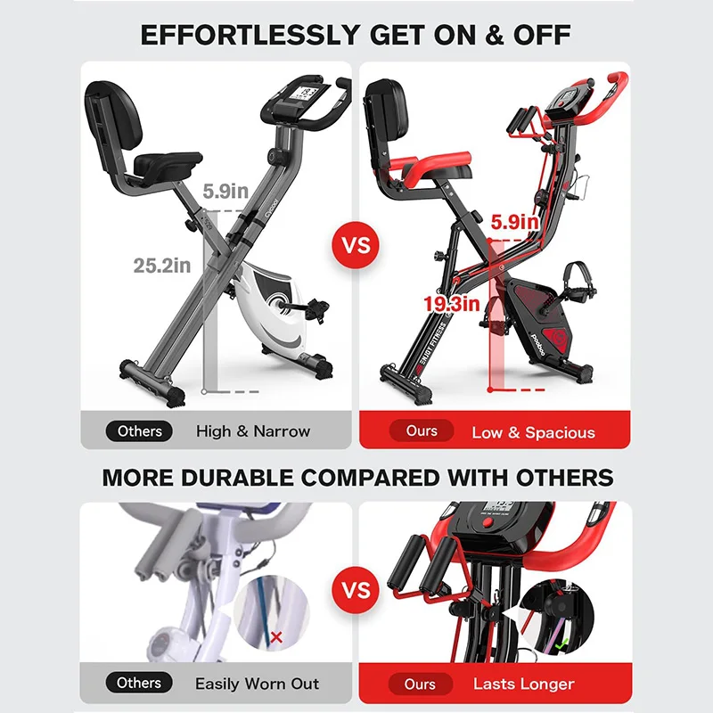 Pooboo Foldable Upright Stationary Bike, Indoor Cycling Magnetic X-Bike with 8-Level Adjustable Resistance, 6.6 LBS Flywheel, 300LB Capacity, Back Support Cushion for Home Gym