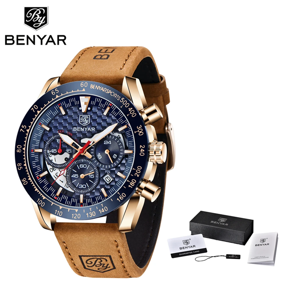 Benyar Design Sport Marke männer Quarzuhr 45mm Vintage Mode Leder 30M Wasserdichte Leucht Chronograph Relogio Masculino