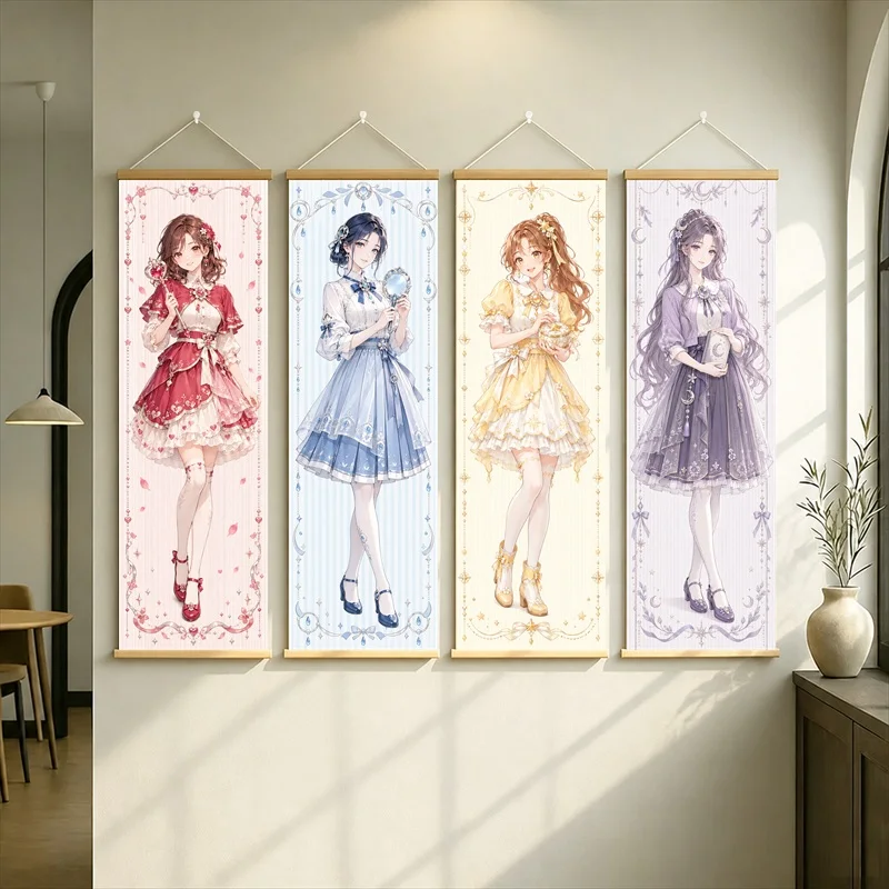 Anime Girls in Red, Blue, Yellow and Purple Ruffled Dresses Hanging Scroll with Delicate Floral Borders for a Bedroom