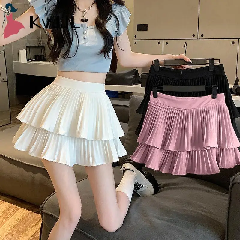 Korean Fashion Bandage Pleated High Waist Skirts Women's Elastic Waist Solid Color A-line Skirt Sweet Mini Dress Cupcake Skirts