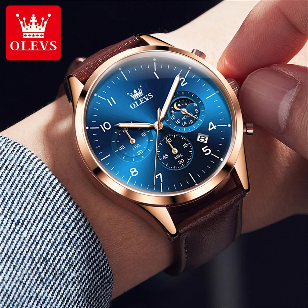 OLEVS-Relógio de quartzo impermeável masculino, pulseira de couro, lua fase, cronógrafo luminoso, relógio de pulso masculino, marca original