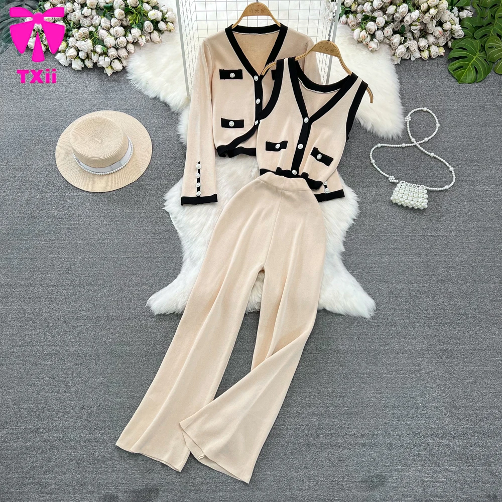 Fashion suit women's autumn and winter contrasting single breasted knitted jacket vest high waist straight leg wide leg pants