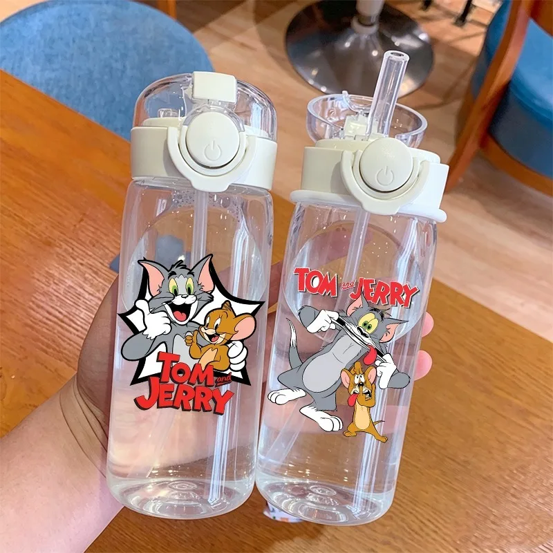Tom und Jerry 400ml Wasserflasche mit Strohhalm für Damen und Herren, Tragbare Outdoor-Sportflasche mit Großer Kapazität, Becher mit Cartoon-Muster