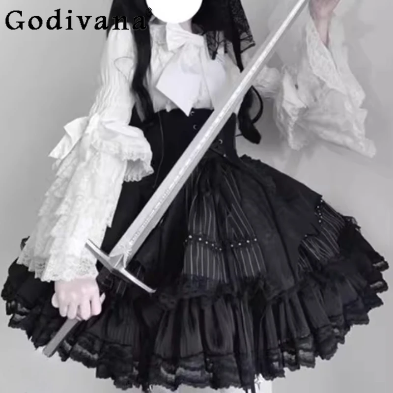 

Dark Princess Gothic Style Long Sleeve Shirt Waistband High Waist A-line Short Skirt Fashion Versatile Age-reducing Lolita Sets