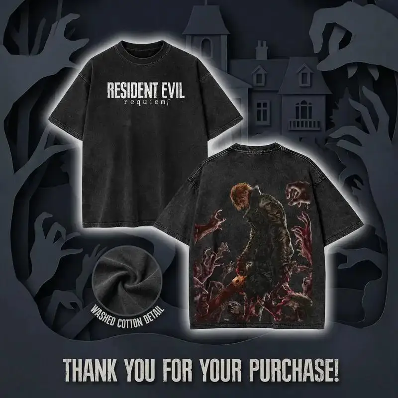 Game Resident Evil Leon Graphic T Shirt Men Women Washed Cotton Tshirts Vintage Casual Clothing Harajuku Male Street T-shirt