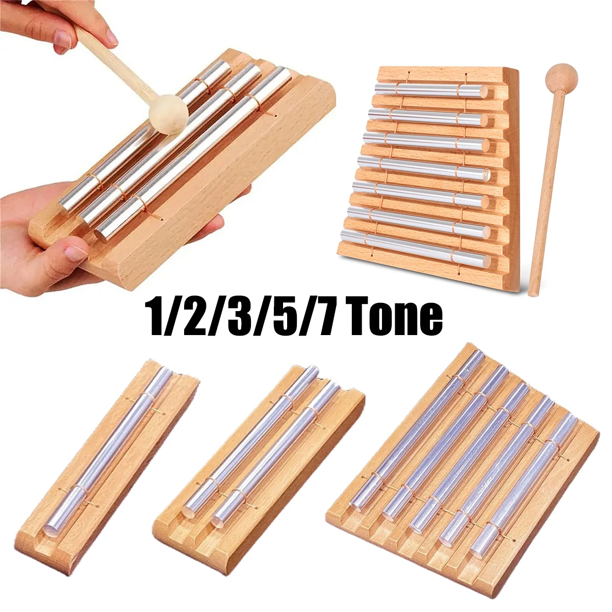 Carillon de méditation en bois Miwayer 1/2/3/5/7 tons – Base en bois massif, avec marteau, 440 Hz, son clair, pour la pleine conscience et la salle de classe