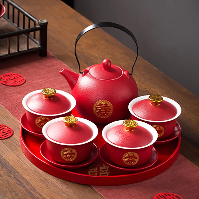 Chinese Style Double Happiness Porcelain Tea Set, Teapot and Cups, Gaiwan with Saucer, Ceremony Set Gifts, Wedding Celebration