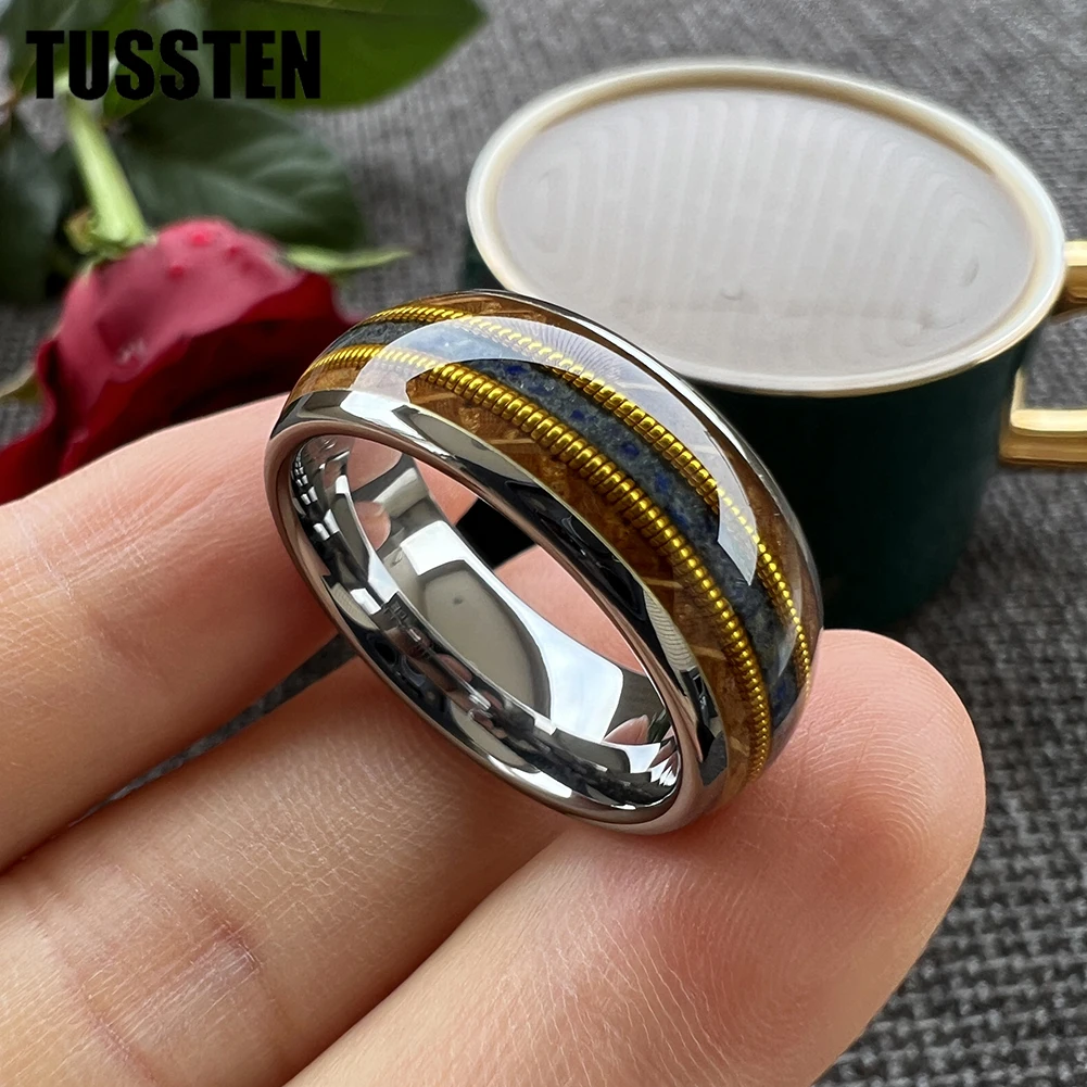 TUSSTEN 8MM Whiskey Houten Gitaar String Lapis Inlay Zwart Tungsten Ring voor Mannen Vrouwen Mode Engagement Wedding Band