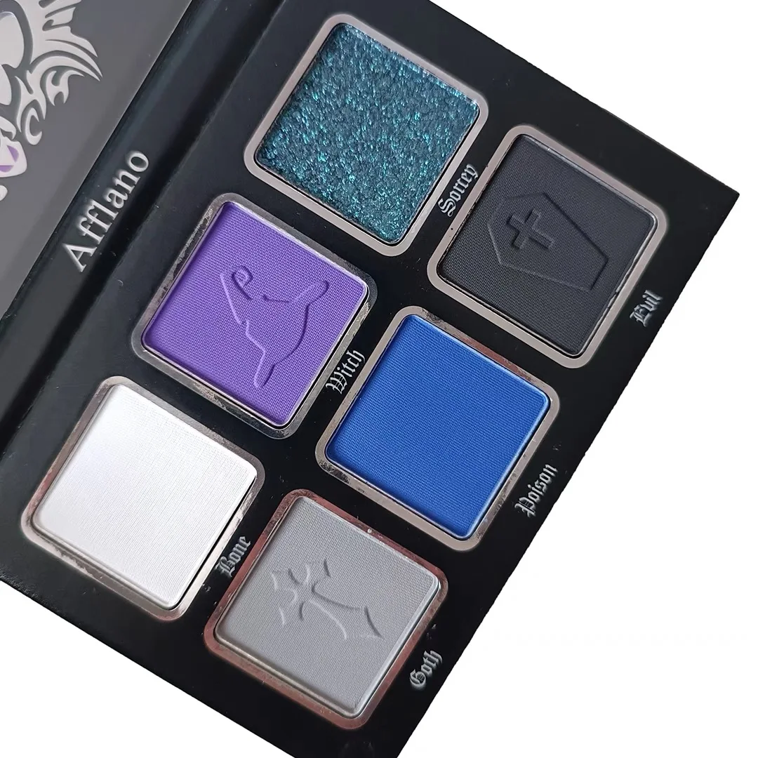 

De Afflano 6 Color Goth Eyeshadow Palette Black White Blue Pink Red Green Eyes Makeup Matte Pearlescent Lasting Eye Shadow