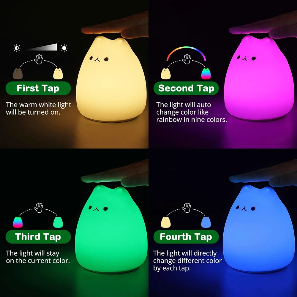 Cute Cat Night Light 7 Colors Silicone Nursery Cat Lamp for Kids Tap Control Energy Saving LED Lamp Cute Gifts for Girls Boys