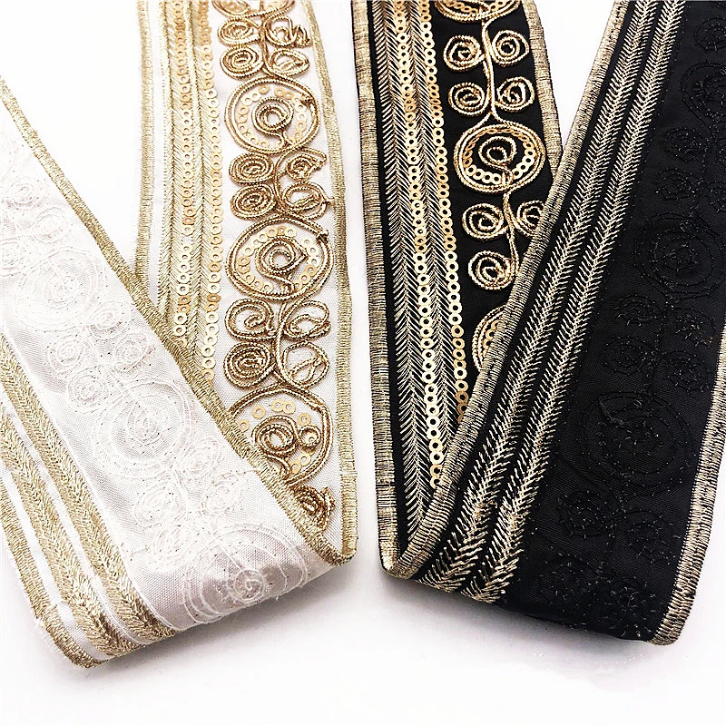 5cm Wide Retro Ethnic Gold Strands Sequins Embroidery Lace Webbing Handmade Diy Clothing Decoration Accessories Shoe Material Fa