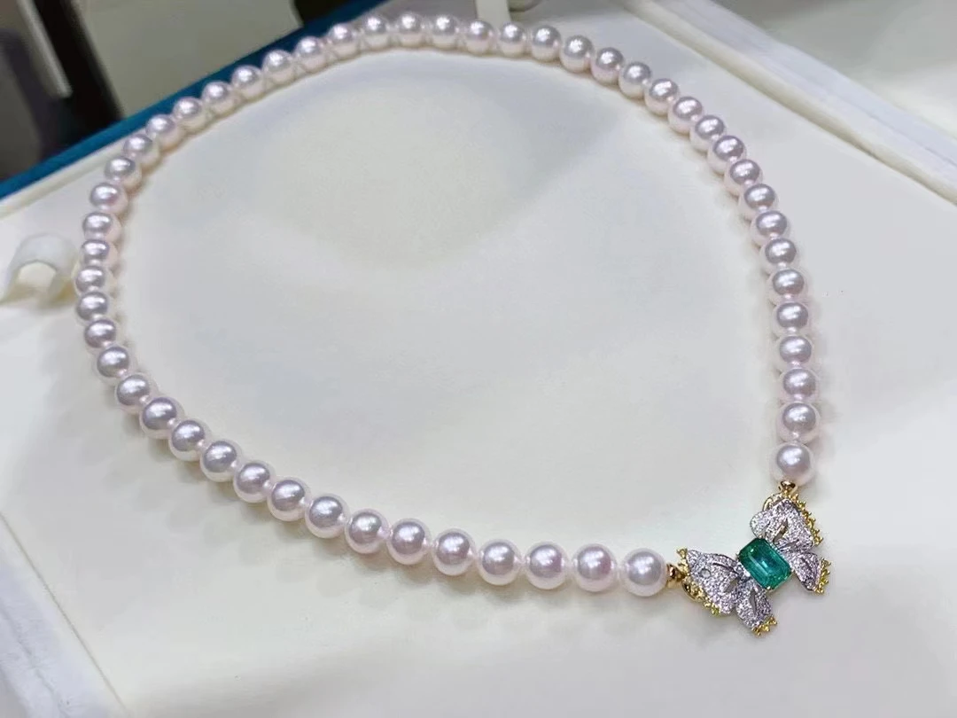 

freshwater pearl white near round 7-8mm AA GREEN ZIRCON BUTTERFLY HOOK necklace 18inch