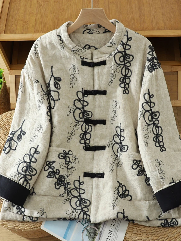 جايت نسائي فضفاض من القطن مع زر Sle صيني، ملابس شتوية دافئة جديدة مرقعة، معطف طويل بياقة واقفة