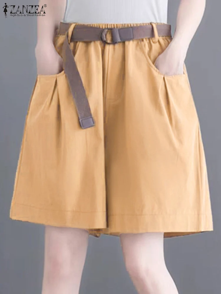 

ZANZEA Elastic Waist Shorts Women Casual Solid Color Short Wide Leg Pants 2025 Loose Korean Style Trousers Pockets Bottoms