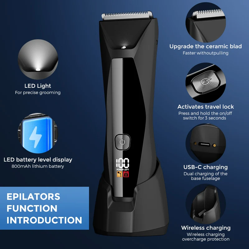 Sejoy Men Wet & Dry مع شاشة LCD قابلة لإعادة الشحن لقص الشعر وقاعدة شحن وتشذيب الشعر ومقص الشعر الحميم