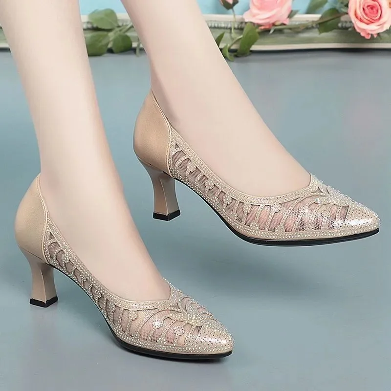 Cresfimix Fashion Spring & Summer Hollow Out Golden High Quality Square Heel Shoes for Sexy Party Women Cute Mesh Pumps A106e