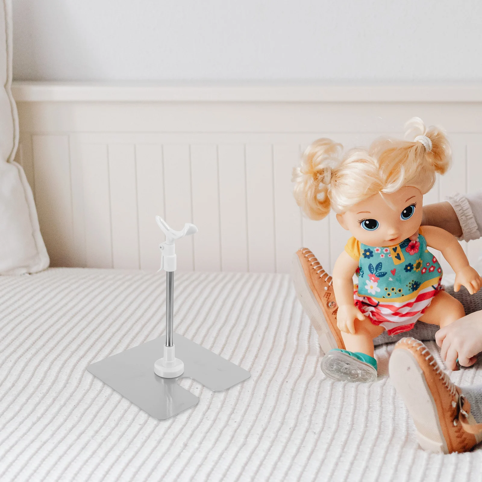 

Standing Stainless Steel Adjustable Storage Stand Height Display Rack Toys Puppet Holder Silver Color