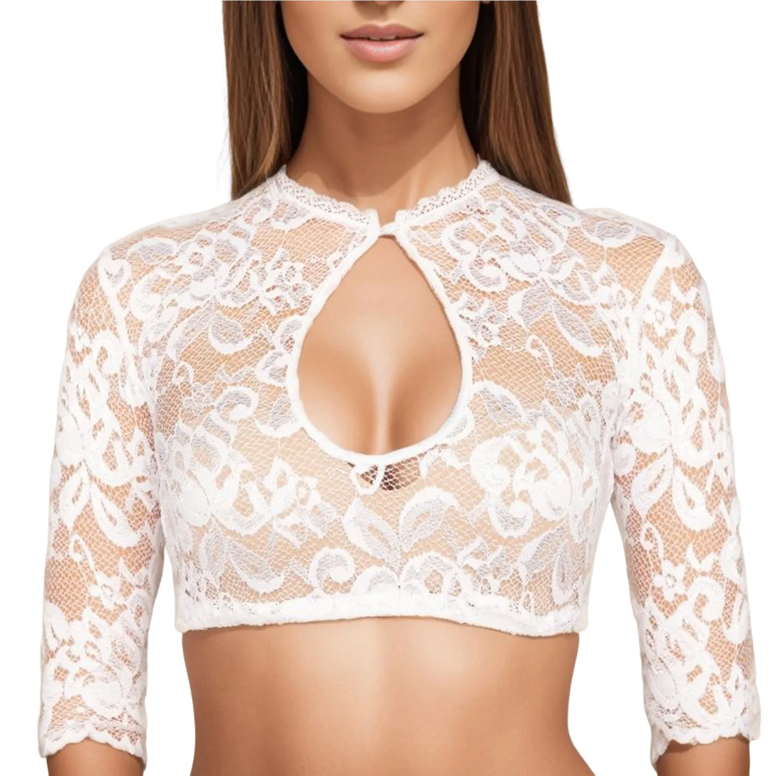 Blusa Sexy de malla transparente para mujer, Tops cortos de cerveza de encaje Floral de Color sólido, suéter exótico a prueba de golpes, dulce