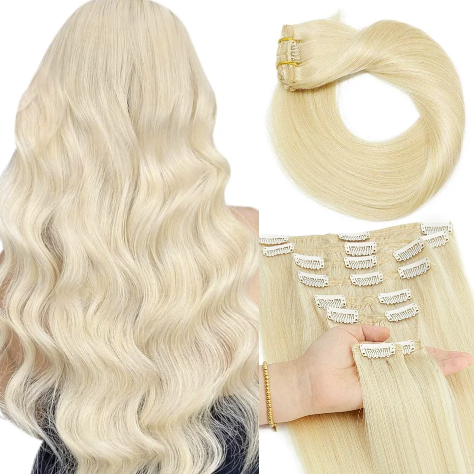 Clip-in haarextensies Steil haar Blonde extensions van echt haar Clip-ins Platinablond Clip-on haarextensies voor dames