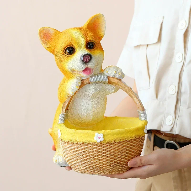 Simulation Labrador Retriever Sculpture Storage Basket Home Accessories Corgi Animal Resin Statue Debris Storage Basket Room Dec