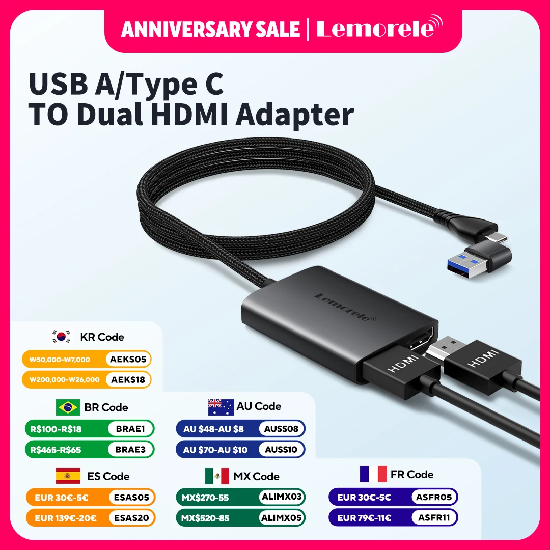 

Lemorele Type C/USB3.0 to Dual HDMI Adapter 1080P 60Hz Extend 2 Different Screen for Apple M1 M2 Mac Windows Type C/USB3.0 Hub