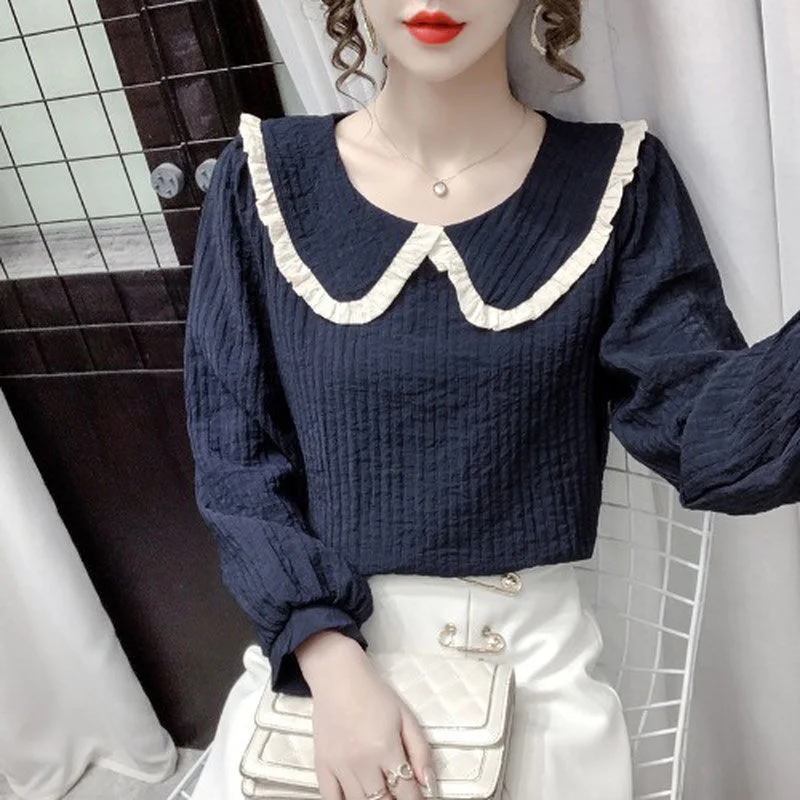 Stylish And Unique Floral Embroidered Peter Pan Collar Blouse For Women Long Sleeve Top
