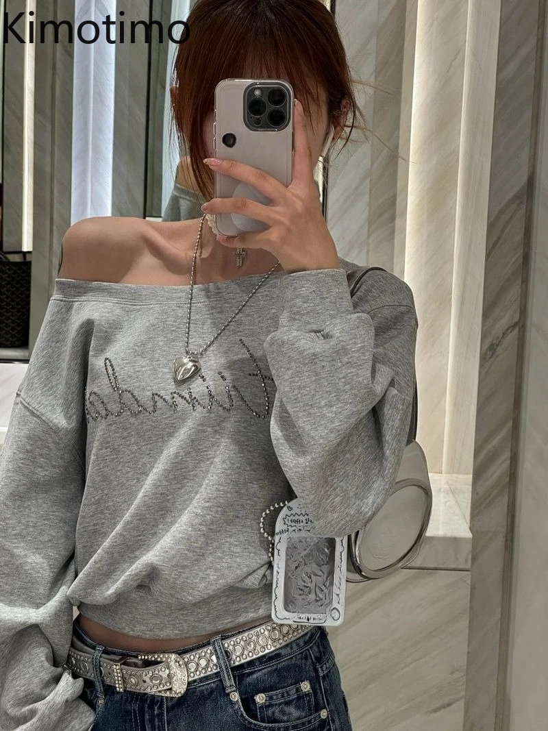 

Kimotimo, короткая толстовка с открытыми плечами и серыми бриллиантами, женская повседневная толстовка в американском стиле ретро с длинными рукавами, сексуальная уличная одежда Y2k