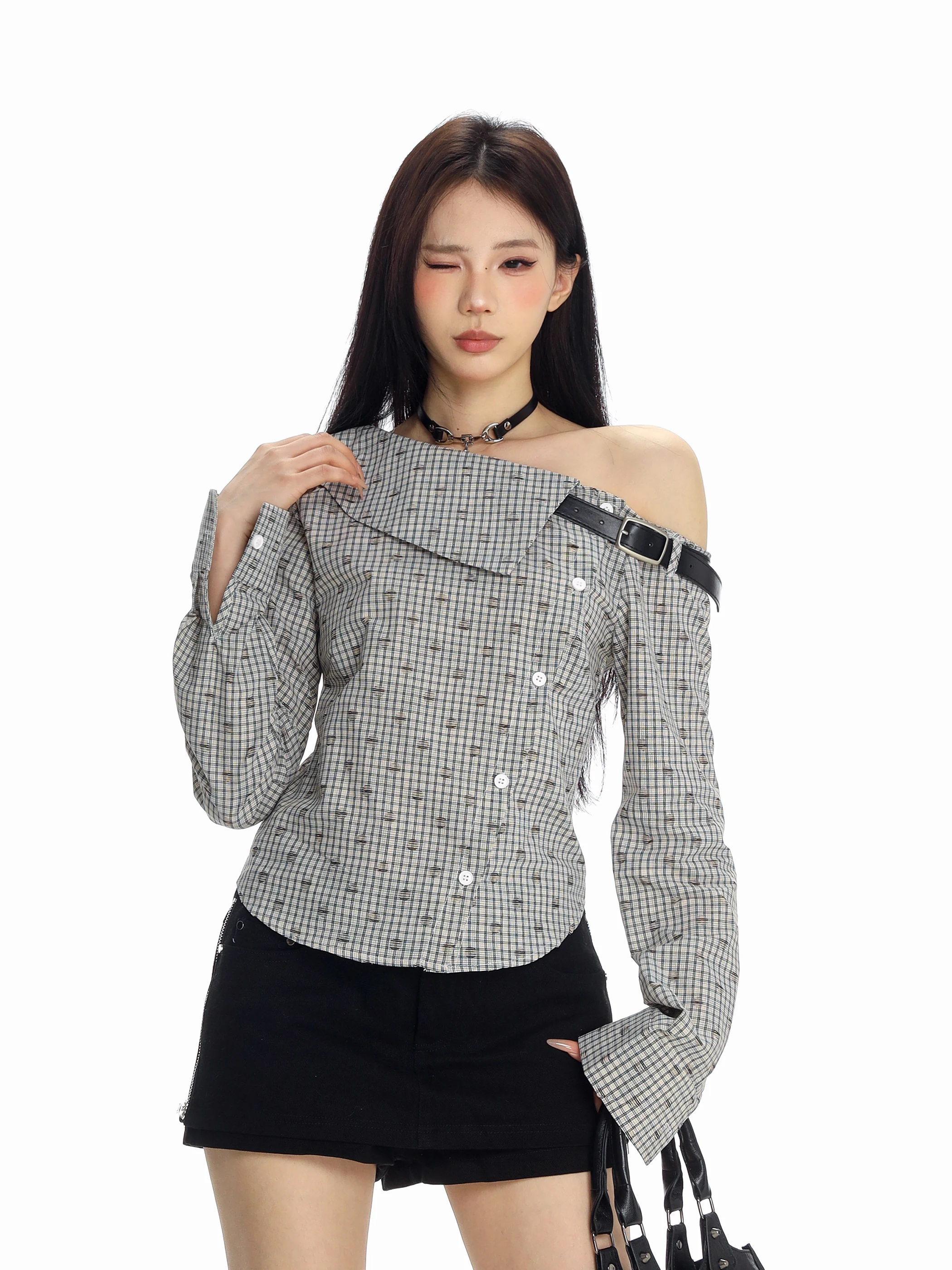 

Slim Fit Long Sve irt Women's Retro Plaid Asymmetrical oulder Design Breathable Cotton Casual Inner Wear ort Top