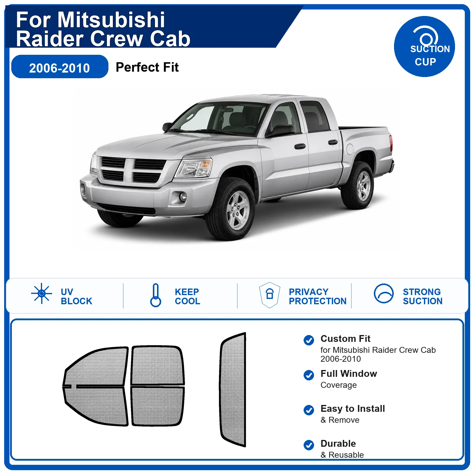 For Mitsubishi Raider Crew Cab 2006-2010 Custom Full Set Windshield Sun Shade Aluminum Foil Heat Insulation Anti UV Foldable