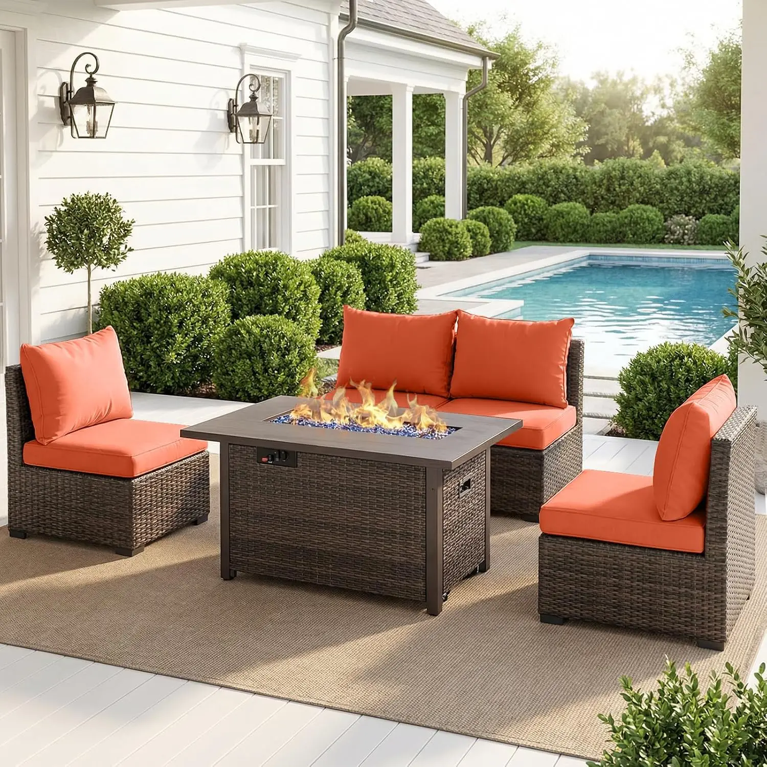 Patio Furniture Set with Fire Pit Table Outdoor Sectional Rattan Sofa Seating with Thickened Cushions 5 Pieces, Customized