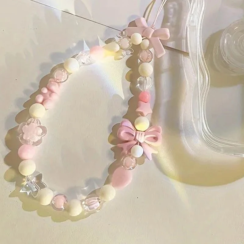 

Solid Color Bowknot Beaded Mobile Phone Chain Charm Portable Phone Hanging Strap Girl Sweet Phone Decoration Accessories Pendent