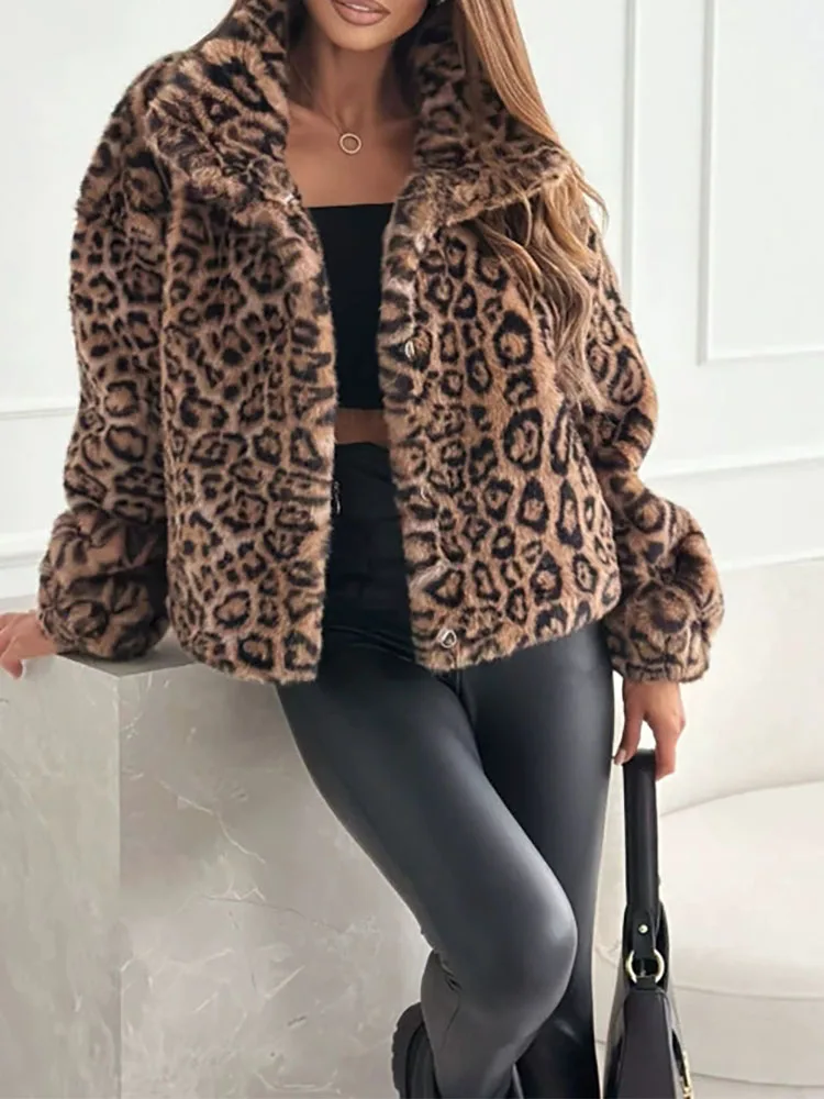 

Street style plush leopard print short coat fashionable and personalized autumn and winter new item lapel long sleeved coat
