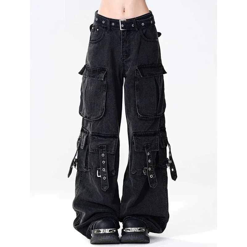 Y2K Black Cargo Pants for Women Straight Leg Jean Edgy Style Pocket Trousers Streetwear 2000s Aesthetic Grunge Pants Pantalones