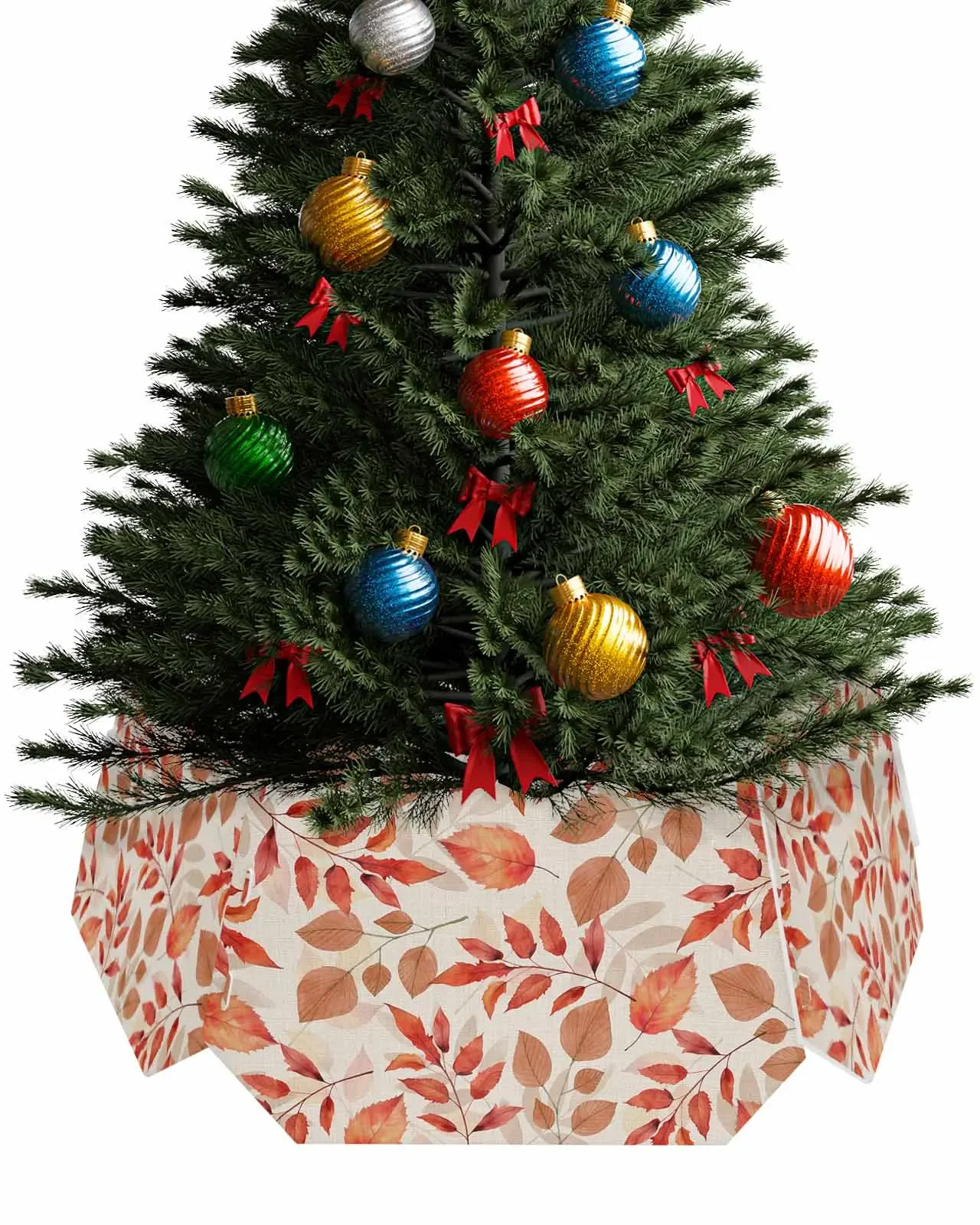 Orange Red Brown Leaves Watercolor Christmas Tree Creative Printed stereoscopic Tree Bottom Decoration Festival Party Tree Skirt