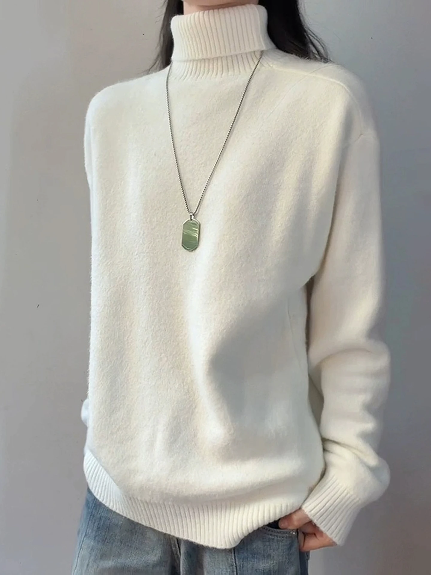 

Белый вязаный свитер с высоким воротником и флисовой подкладкой, унисекс, зимний, толстый, теплый, в стиле lazy style, с отложным воротником, как внутренняя рубашка