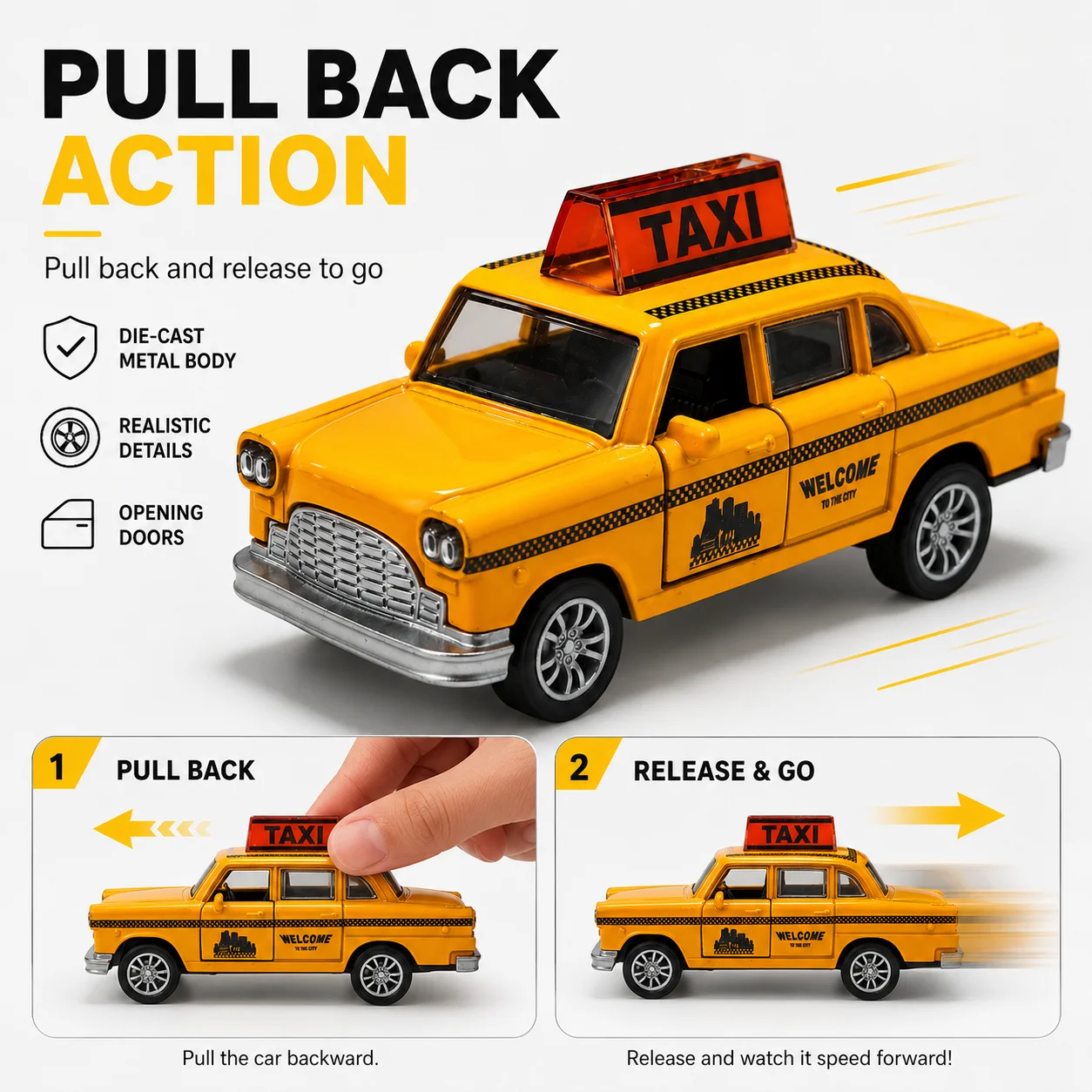 (Boxed) Vintage City Taxi Sedan Style Model, Strong Spring Force, Metal Casting, the Best Gift.