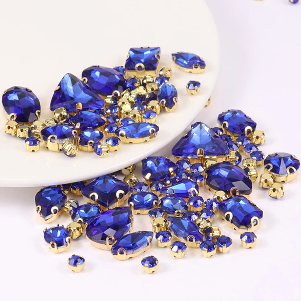 130pcs/lot Gold Claw Setting Glass Rhinestone Mixed Shape Sew On Crystal Stone Diamond for Wedding Dress Shoes Bags DIY Trim