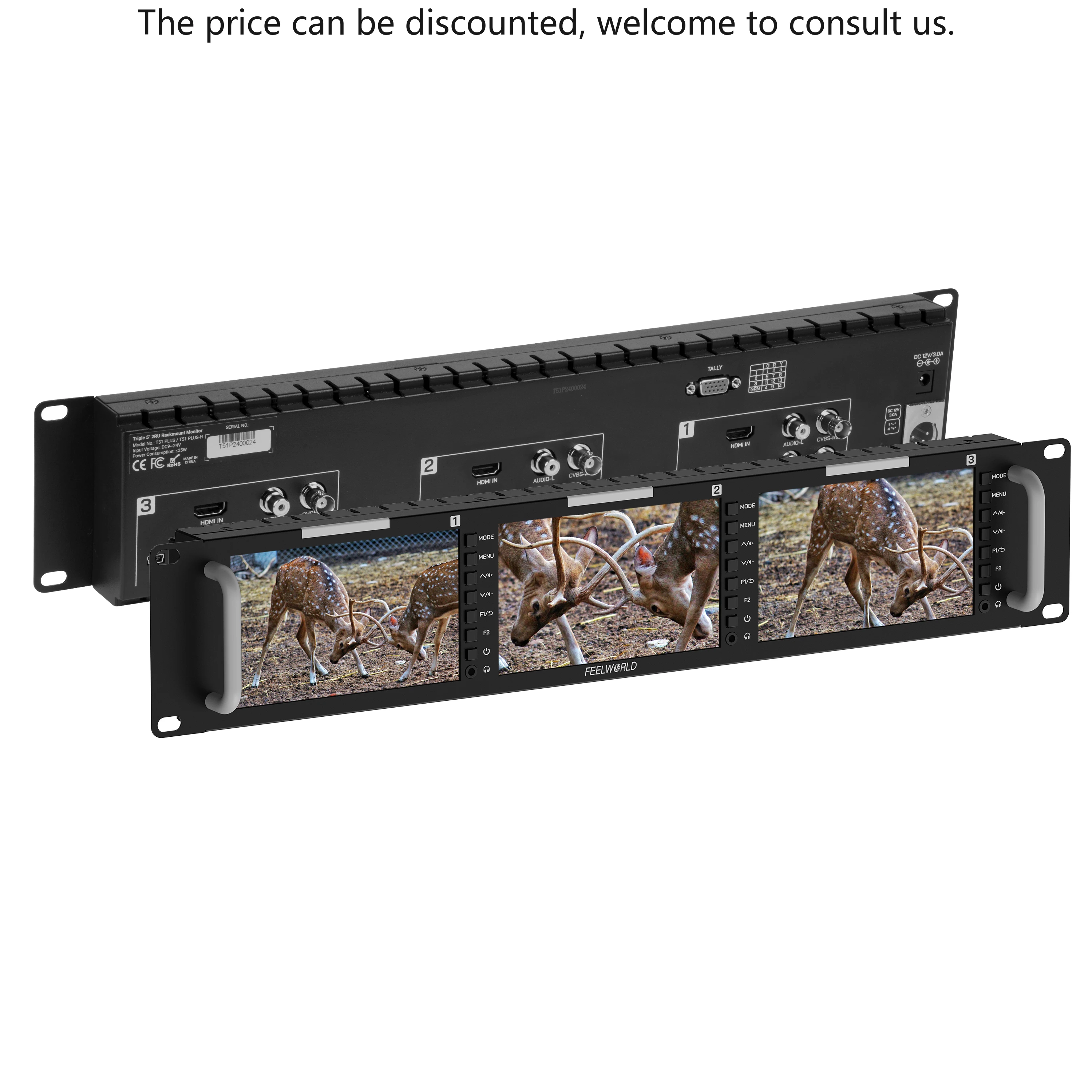 

Feelworld T51 PLUS-H 5.5" 2RU Full-function Rack Mount Monitor Multi-channel Full HD 4K HDMI AV Triple Rack Mount Monitor