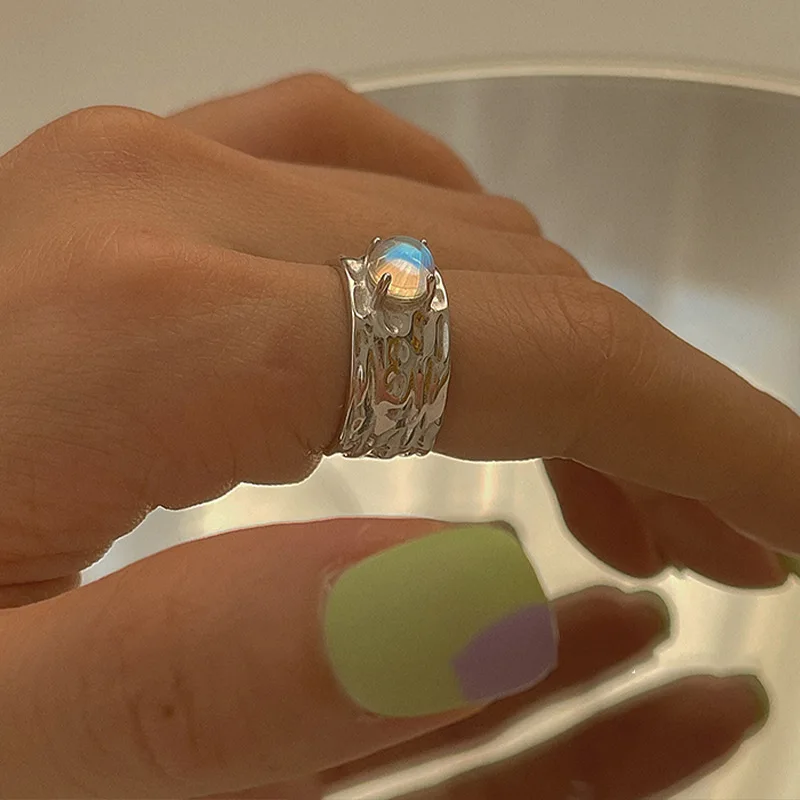 PANJBJ 925 Sterling Silber Mondstein Unregelmäßigen Ring für Frauen Party Geschenk Adjustabler Persönlichkeit Koreanische Dropshipping – Detail 32