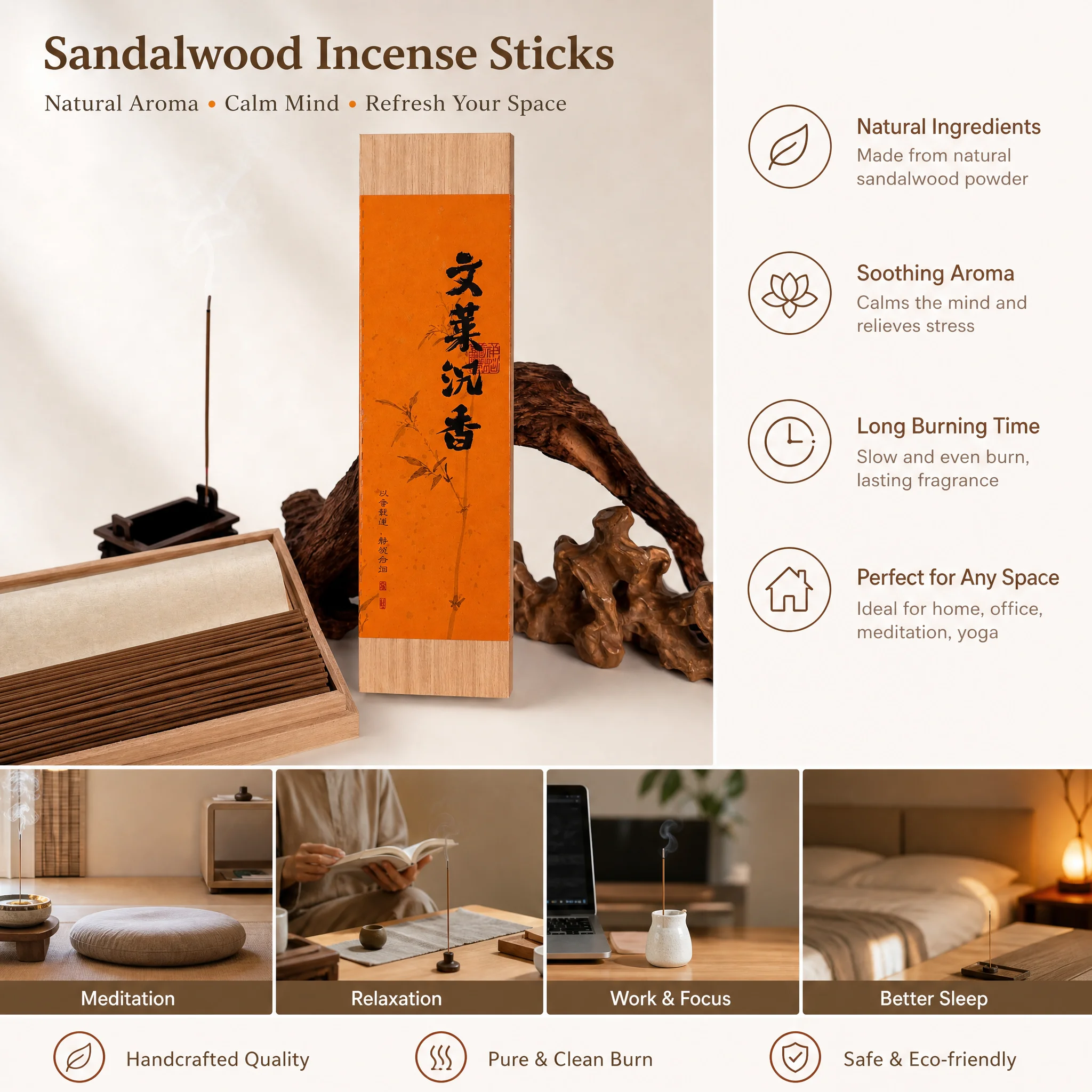 Natural Brunei Agarwood Incense Sticks Handmade Pure Sandalwood Wood Aroma for Meditation Yoga Stress Relief Improve Sleep Long