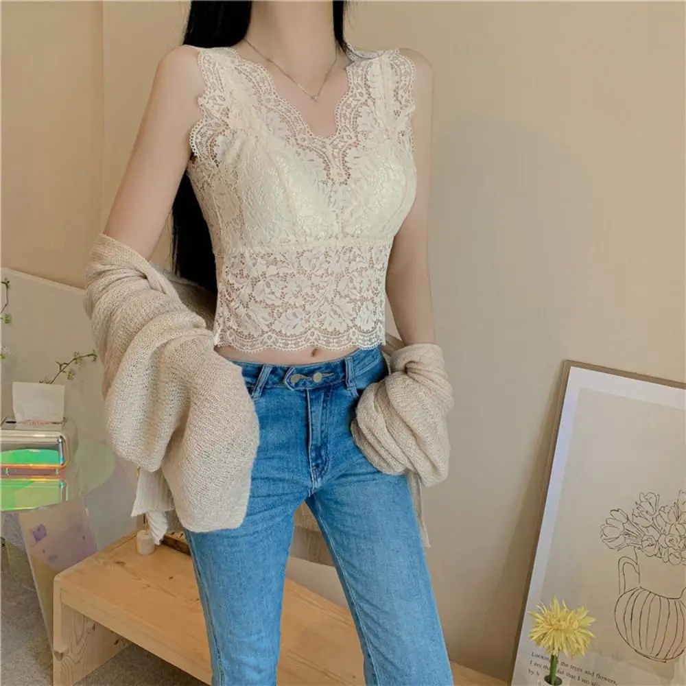 Süße Mesh Dünne Spitze Tiefem V Leibchen Ärmellose Transparente Spitze Crop Tops Slim Fit Unterhemd Hosenträger Weste Frühling Sommer
