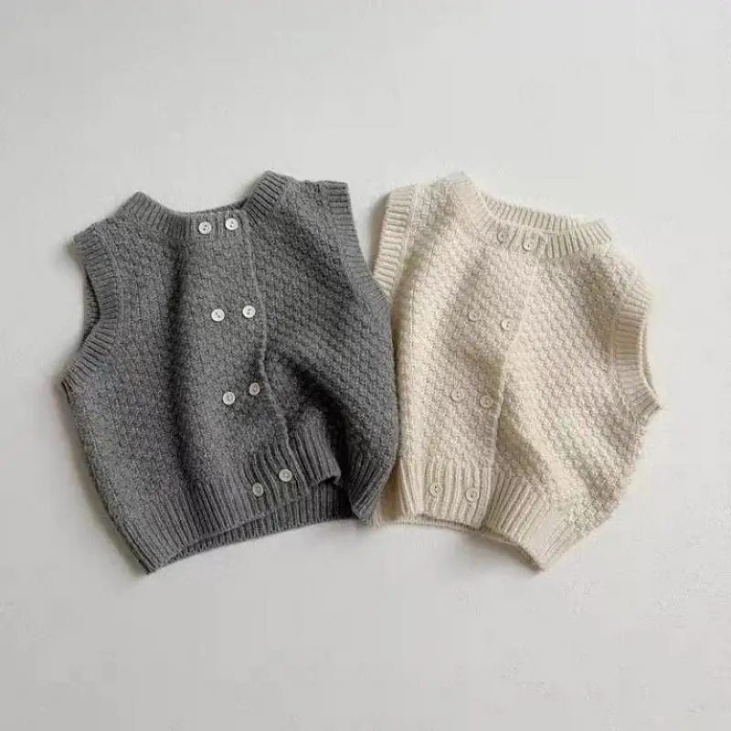 2026 Spring Sleeveless Sweater Cardigan New Baby Girl Knit Vest Solid Infant Toddler Boy Cotton Knitted Waistcoat Kids Clothes