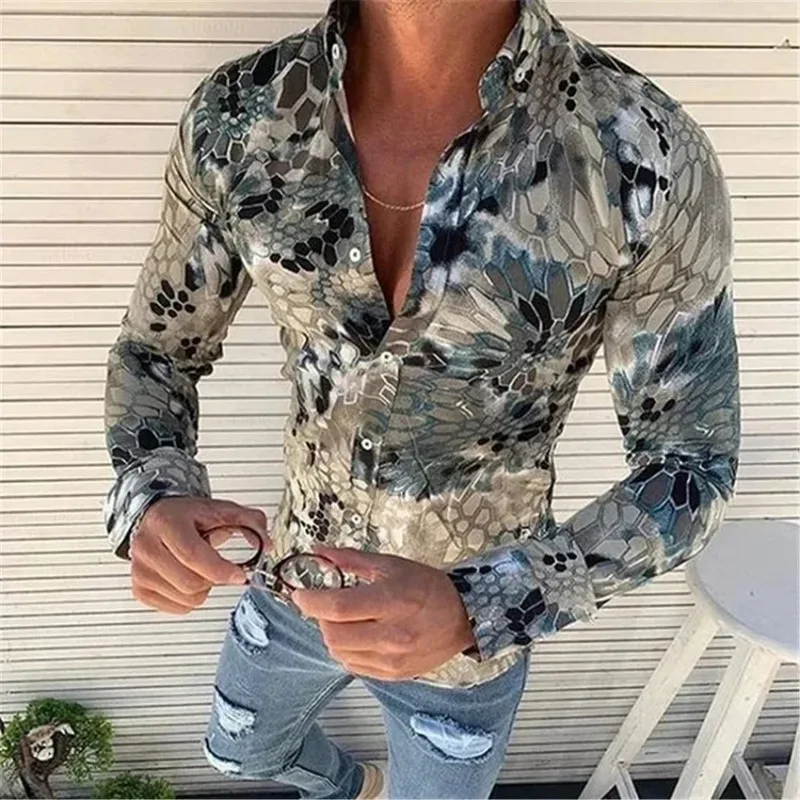 

Autumn Mens Shirt Long Sleeve Shirts Print Flower Turn Down Collar Loose Casual Shirts Male Tops Clothing