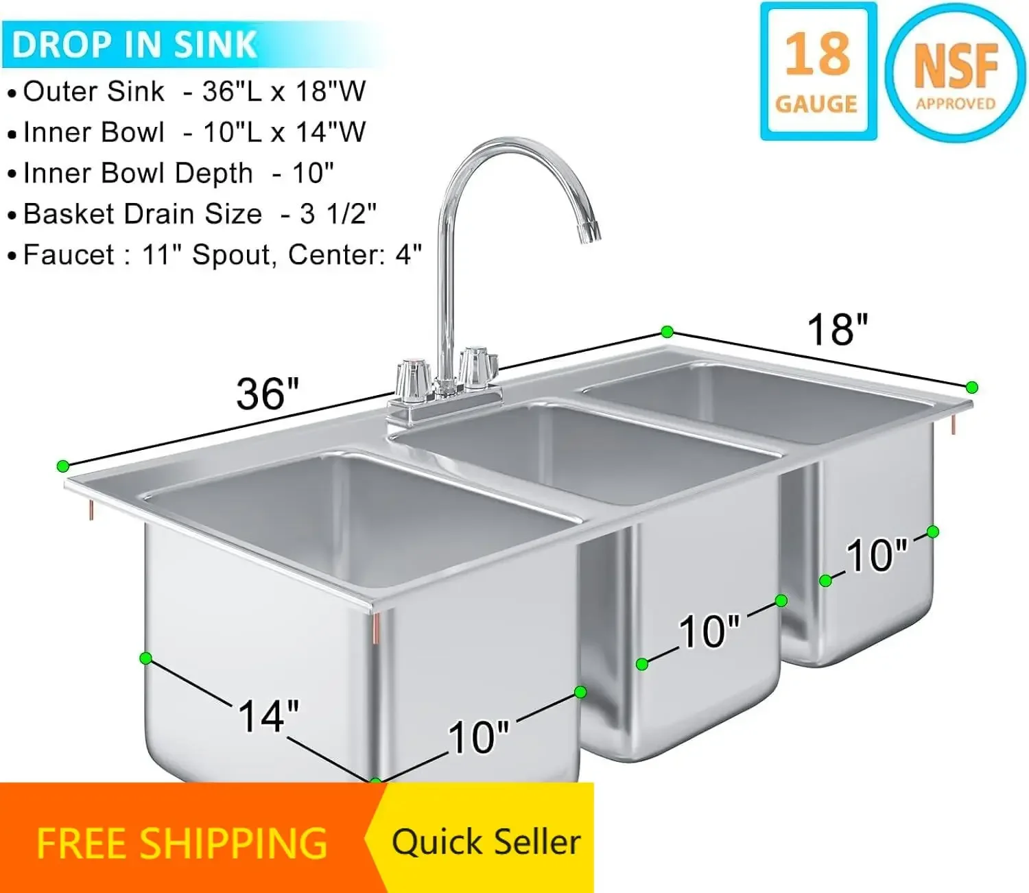 

Activity priceSTAINLESS STEEL THREE COMPARTMENT DROP IN SINK NSF 36 BY 18 INCH THREE BAY UTILITY SINK FOR RESTAURANT BAR KITCHEN
