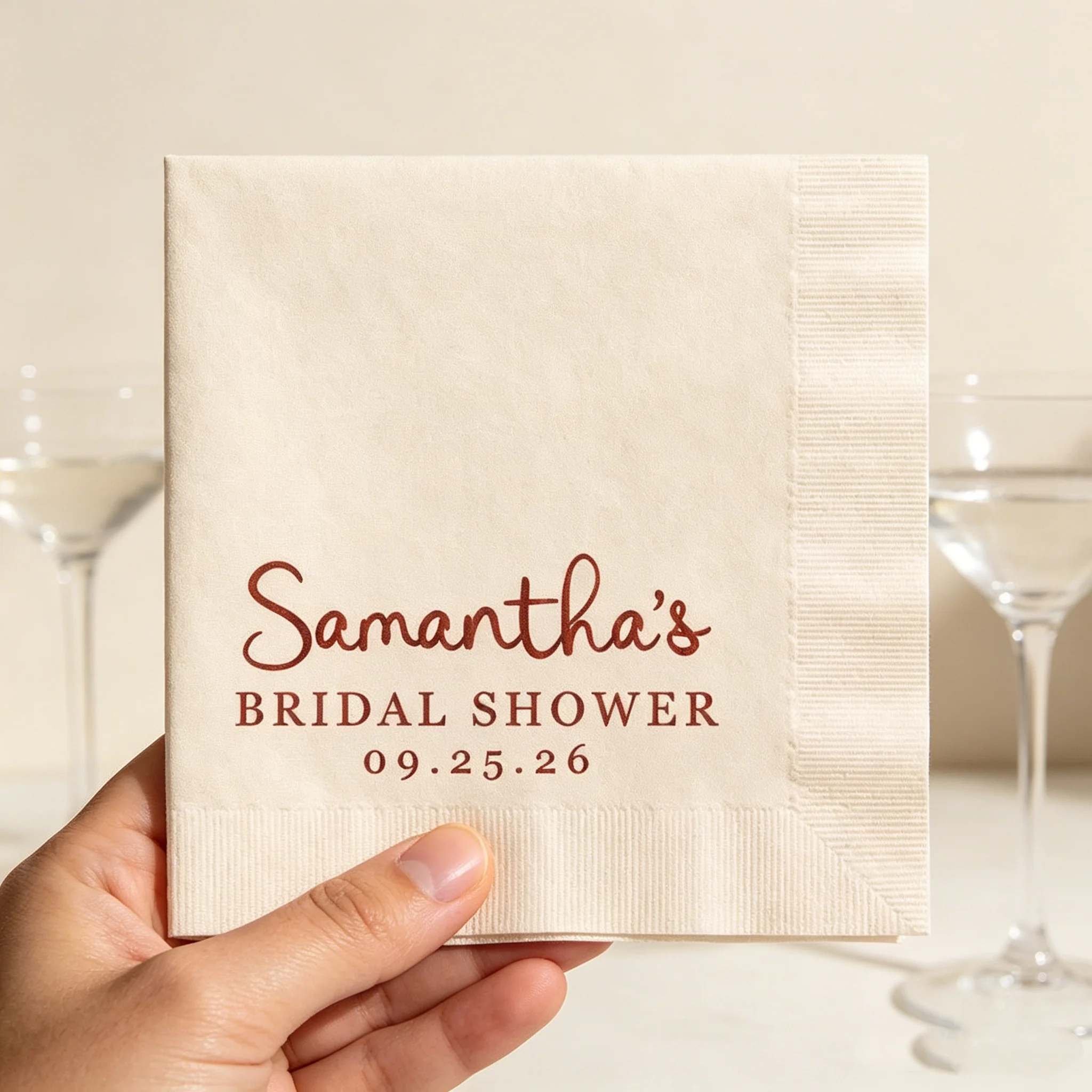 

50pcs Personalized Bridal Shower Cocktail Napkins, Custom Name & Date Disposable Napkins, Rose Gold Foil Print, Pink Paper Napki